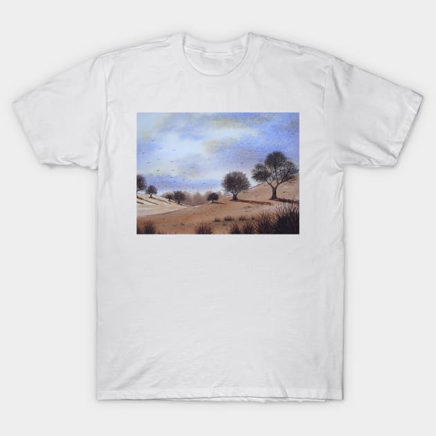 watercolour autumn landscape park trees and blue skies T-Shirt by pollywolly